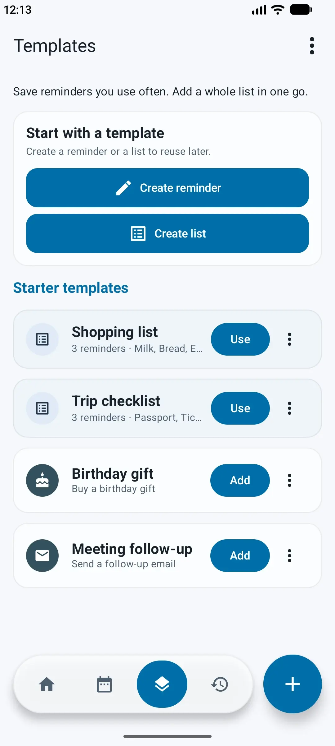 Memo Reminders Templates screen with starter reminders and lists.